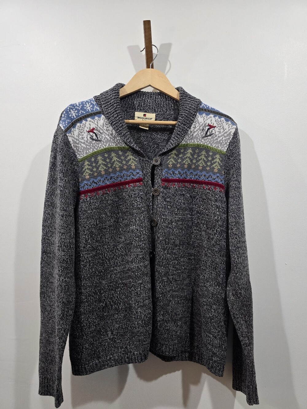 Woolrich Ski Lodge Intarsia Fair Isle Shawl Cardigan Sweater Women's XL Gray